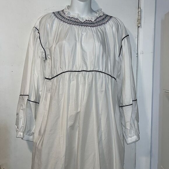SOMETHING NAVY White Smocked Puff Sleeve Cotton Midi Dress-S NWT! - Picture 2 of 8